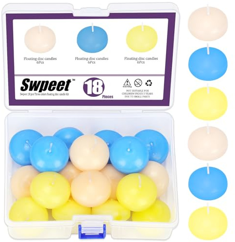 Swpeet Schwimmkerzen-Set, 3,8 cm, elfenbeinfarben/gelb/blau, geruchlos, schwimmende Scheiben, Kerzen, tropffrei, handgerollt, Paraffinwachs, Baumwolldochte für Tafelaufsätze, Hochzeiten, Partys und