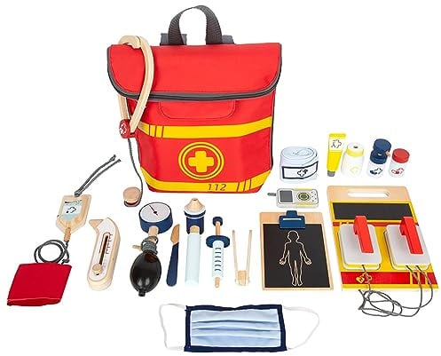small Foot Notarzt Rucksack mit viel Zubehör, Arzt-Spielzeug für aktives Rollenspiel, für Kinder ab 3 Jahren, 11917