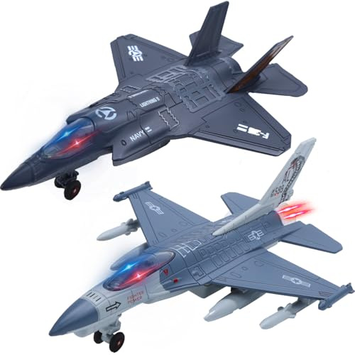 HOLYFUN Doppelte Kampfjet Spielzeug, F35 & F16 Druckguss Flugzeuge mit Licht & Sound, Rückzieh Militär Flugzeug Spielzeug Geschenk für Kinder & Jungen