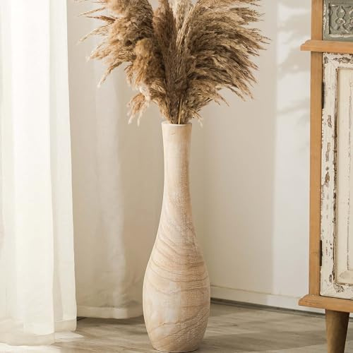 Hanobe Vase Deko Groß Bodenvase: Holz Hoch Boden Vasen Skandinavische Deko XXL Flur Wohnzimmer - 56cm Landhausstil Natur Blumenvase mit Loch für Pampasgras