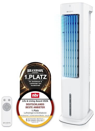 Brandson - Turmventilator mit Wasserkühlung - Preisträger 2026 - Verdunstungskühler - Luftkühler - Ventilator - mobile Klimaanlage ohne Abluftschlauch - 5 in 1 - leise - weiß