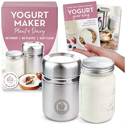 Joghurtbereiter aus Edelstahl mit 1 Quart Glas und komplettem Rezeptbuch für 12+ einfache hausgemachte milchfreie und Milchjoghurts