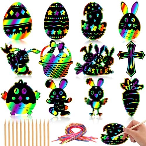 JULMELON Ostern Kratzbilder für Kinder, 36 Stück Ostern Kratzbilder Bastelset Regenbogen Ostern Kratzpapier Hasen Anhänger Kratzpapier Ornaments für Ostern Geschenke Party Deko