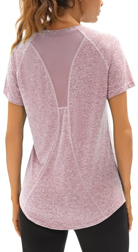 Wayleb Sportshirt Damen Kurzarm, V-Ausschnitt Sport T-Shirt Leicht Atmungsaktiv Funktionsshirt Laufshirt Trainingsshirt Back Mesh Locker Lang Fitness-T-Shirt Sportoberteile, Hellrosa-lila XXL