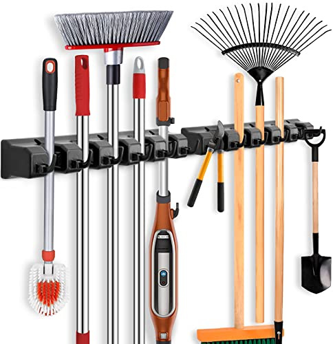 ibell 2 Stück Besenhalterung Wand, Gerätehalter Wandhalterung mit 10 Halter und 12 Haken, Besenhalter Werkzeughalter Gartengerätehalter Organizer für Zuhause Küche Badezimmer Garage Garten