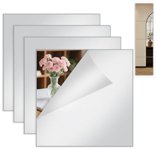 Coco Berming 4 Stück Selbstklebende Fliesenspiegel Spiegel zum Aufkleben, 20x20cm Klebespiegel für die Wand, Dicke Spiegelfliese für Badezimmer Wohnzimmer Schlafzimmer Schrank Schule Zuhause (4)