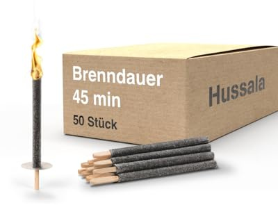 Hussala Diamond Wachsfackeln für draußen [50 Stück bis zu 45 min] mit langen Holzstab und Tropschutz - Premium Gartenfackel aus Diamond Wachs - Fackeln für Fackelwanderung