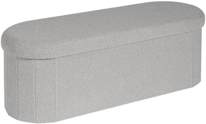 PINPLUS Sitzbank mit Stauraum, Ovales Design, 110x38x38cm, Grau | Weicher Boucle-Stoff, Klappbar, Großes Staufach, Fußbank, Bettbank, Aufbewahrungsbox, für Flur/Wohnzimmer/Schlafzimmer