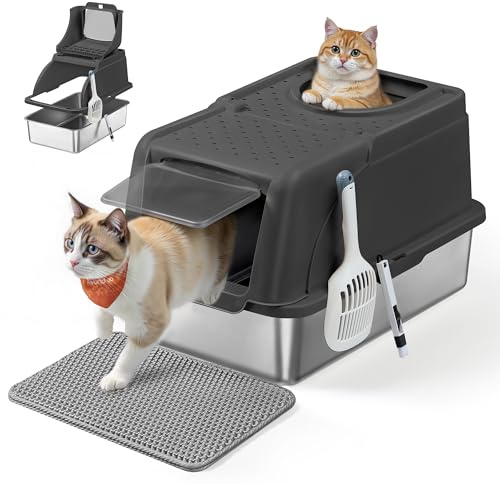 Feandrea Katzenklo Edelstahl, XL, Katzentoilette mit Deckel, mit Schaufel, Bürste und 2 Eingängen, für Katzen bis 15 kg, tintenschwarz PPT005BH01