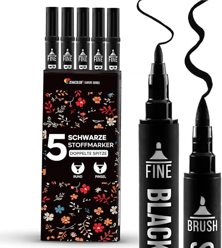 Zenacolor 5 Schwarze Textilfarbe Waschmaschinenfest mit Doppelspitze Permanent für Kleidung - Textilstifte zum Personalisieren von T-Shirts, Taschen, Hüten, Leinwänden und Textilien