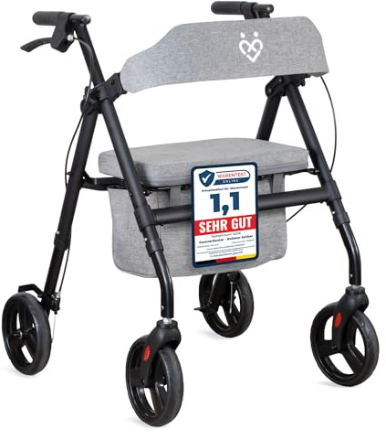 ForeverSenior Rollator faltbar & leicht 9 kg mit Sitz – Rollatoren für Senioren – stabile Konstruktion aus Stahl, Tasche & gepolsterte Rückenlehne, Rollator schmal für Wohnung & Outdoor