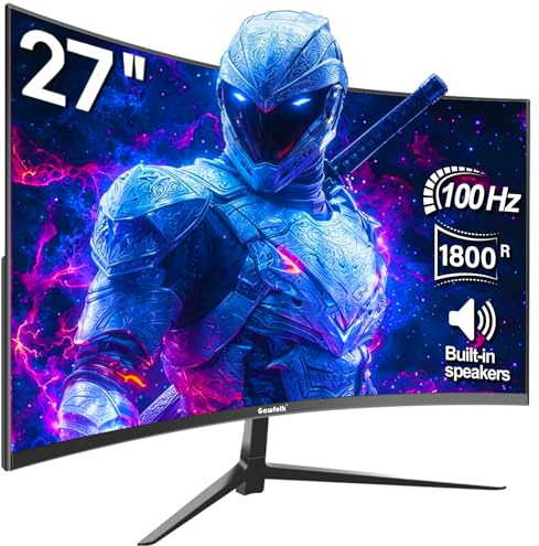 Gawfolk Curved Monitor 27 Zoll 100Hz, PC Bildschirm mit Lautsprecher 1080P, 1800R 75Hz Computerbildschirm mit Eye Care Technologie HDMI DP, unterstützt VESA