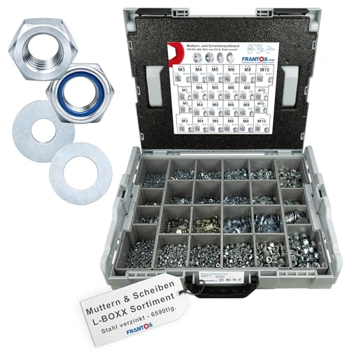 FRANTOS L-BOXX Muttern und Scheiben Set (Stahl verzinkt) 6.590 tlg. Stoppmuttern Sechskantmuttern Sicherungsmutter Unterlegscheiben Sortiment