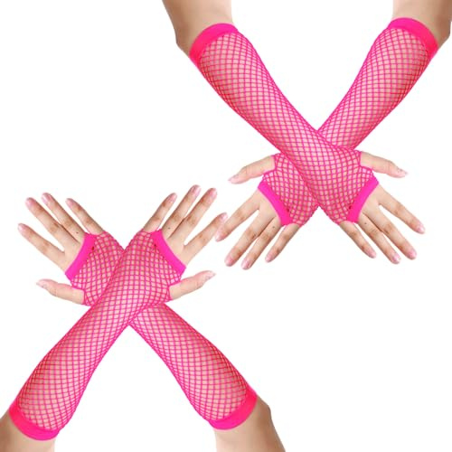 AOZUO 2 Paar Rosa Netzhandschuhe,80er Jahre Netz Armstulpen,Langes Netz Fingerlose Netz Neonhandschuhe Stretch Netzhandschuhe für Frauen Mädchen Kostüm Mottoparty Emo Gothic Szene Zubehör