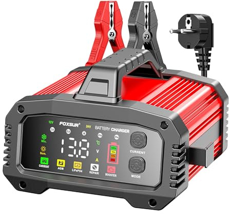 25A/15A Autobatterie Ladegerät,12V/24V Smart vollautomatische Batterie Ladegerät, Ladegerät Auto mit 8-Stufiger Ladung und LCD-Bildschirm für Auto Motorrad Rasenmäher Boot Marine Batterien (Rot)