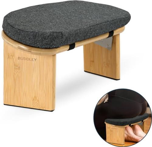 BUDDLEY Meditationsbank - Klappbar mit Kissen aus Baumwolle - Yogahocker - Meditationsstuhl Faltbar - Yogastuhl - Ergonomisch - aus Bambus