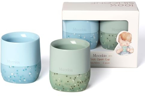 Moonkie Trinklernbecher Baby Silikon | 2er-Pack Offener Lernbecher ab 4 Monate | BPA-frei | mit Messskala | 60ml Tiny Cup(Äther/Mint)