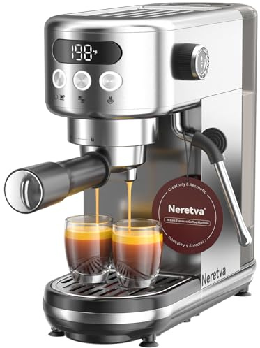 Neretva Siebträgermaschine, 20 Bar Klein Espressomaschine Edelstahl Professionelle Siebträger Kaffeemaschine mit LED-Anzeige & Starker Milchschäumer für Barista, Espresso, Latte und Cappuccino