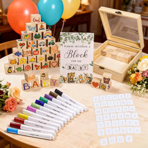102 Stück Babyparty Spiele Set – Bauklötze Bemalen Babyparty, Baby Shower | Spiele für Gäste – Holzwürfel bemalen, stapeln & bauen; Holz-Sammelbox – Gästebuch-Alternative & Erinnerung für Mama und Baby