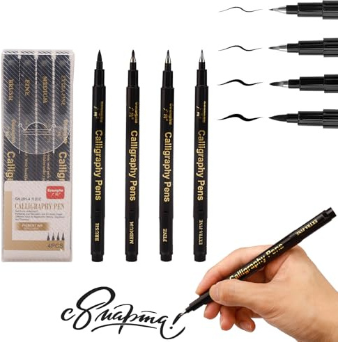 Nurila 4 Kalligraphie Stifte, Schwarz Handlettering Stifte, Kaligraphiestift, Schönschreibstift für Anfänger Übung Lettering Unterschrift Schreiben, Zeichnen Tagebuch DIY-Kreation Calligraphy Pen