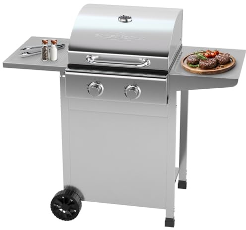ProfiCook® Gasgrill für Temperaturen bis zu 350°C | Grillroste aus echtem Gusseisen | für Balkon | inkl. Gasdruckminderer und Schlauch | 2 Brenner | klein | 2 Ablagen | PC GG 1309 silber