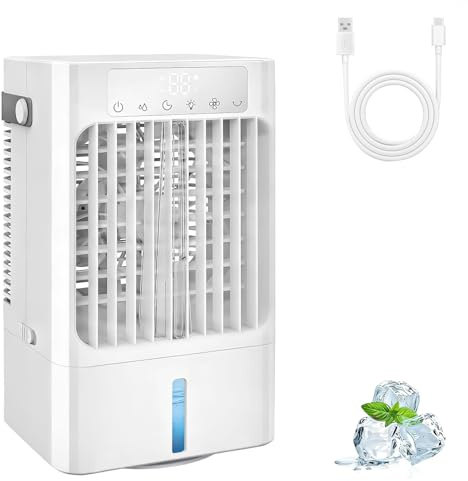 Mobile Klimaanlage Klein, Leise Luftkühler mit Wasserkühlung,3 in 1 Tischventilator für zuhause und büro,Tragbare Air cooler fan mit 900ML wassertank, Klimagerät AC-1-8H Timer