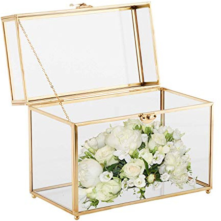 Homtone Golden Vintage Glas Kartenbox, Geschenkkarten Box Terrarium | für Hochzeitsempfang / Geburtstagsparty / Wunschgut/Andenken (25.5*19.5*14.5cm)
