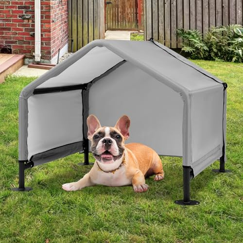 Hundehütte Outdoor für Kleine bis Mittlere Hunde, 75x65x65 cm, Wasserdicht Hundezelt mit Rückwand, Sonnenschutz Hundeliege mit Dach für Kleintiere, Hühner, Katzen, Welpen, Farbe in Grau