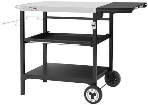 Royal Gourmet Outdoor Grilltisch, 3-Etagen Servierwagen mit 70 x 50 cm Edelstahl Tischplatte und 30 x 50 cm klappbarer Seitenablage, Beistelltisch Grillablagetisch Garten Trolley mit Push-Pull Regal