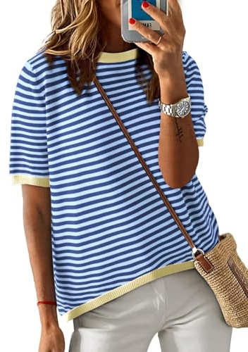 Cuptacc Tshirt Damen Baumwolle Oberteile Sommer Gestreiftes Kurzarm | Rundhals,Streifen,Elegant,Casual,Luftige,Bequem,Mode,Locker,Büro,Reise