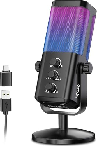 socodox Gaming Mikrofon USB Kondensator Mikrofon mit Game Chat Balance/Noise Cancelling, Microphone für PC Handy PS4 PS5 Mac für Streaming Podcast Studio Aufnahmen ASMR mit RGB/Stumm/Gain/Monitoring