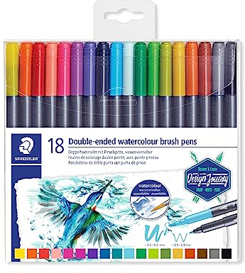 STAEDTLER 3001 TB18 Doppel-Fasermaler (feine Spitze und Pinselspitze, für Aquarell-Effekte) Klarfaltetui mit 18 brillanten Farben