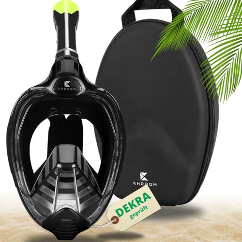 Khroom Schnorchelmaske für Erwachsene & Kinder | DEKRA geprüfte CO2 Sicherheit | Vollmaske Seaview X – Tauchmaske Taucherbrille mit Schnorchel | Schnorchelset Alternative (S/M, Schwarz + Soft-Case)