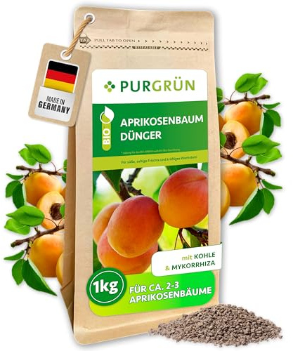 Purgrün® Bio-Aprikosenbaum-Dünger 1 kg – Organisch-mineralische Rezeptur – Feinkörniges Krümelgranulat – NPK 6+4+5 – Mit Magnesium für süße Aprikosen – Verbessert die Bodenqualität
