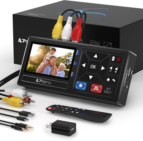 Portta VHS to Digital Converter, Video VHS Digitalisieren Recorder mit Remote, Videokassetten Digitalisieren Compatible with VHS, VCR, DVR, DVD, Hi8, Mini DV, Camcorder, Cassette Tape, Gaming Consoles