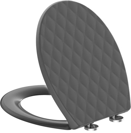 SREWOHS PRO WC Sitz O-Form Universal aus PP, Absenkautomatik, Rauten Grau | Klobrille mit Schnellverschluss, Softclose Toilettendeckel, belastbar bis 150 kg, Montageschablone, 446 x 371 mm