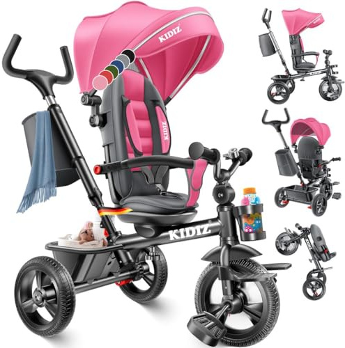 KIDIZ® Dreirad 6in1 Kinderdreirad mit Schubstange Lenkbar ab 9 Monaten bis 25Kg Jogger vorwärts & Rückwärtsfahrt, Korb Tasche Getränkehalter Sonnendach Gummiräder Buggy Fahrrad Baby Klappbar Rosa
