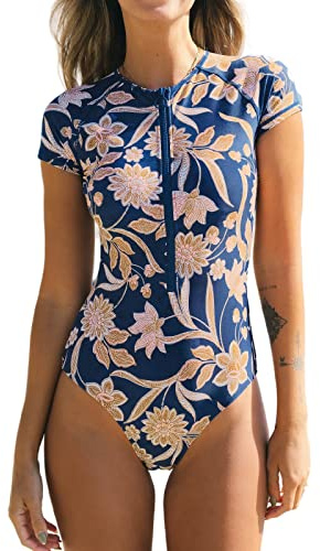 CUPSHE Damen Badeanzug High Neck Kurzarm Reißverschluss vorne Rash Guard Blumenmuster Einteilige Bademode Swimsuit Marine/Goldene Blumen M