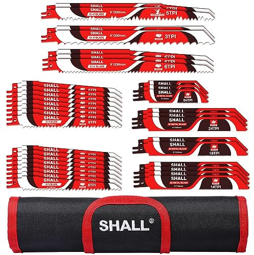 SHALL Säbelsägeblätter (34 Stück), Ersatz-Sägeblatt-Set aus Hartmetallstahl für den Baumschnitt, für Holz, Metall und Kunststoff, mit Aufbewahrungstasche