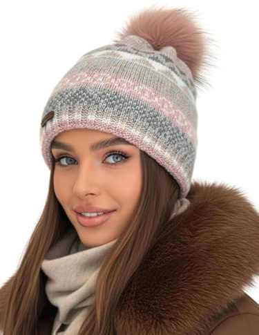 Baesics Bommelmütze Damen Herren Rosa - Wintermütze mit Muster aus Wollmix, Kunstfell-Bommel Tier-frei und Fleecefutter, elastisch von ca. 54-58 cm | Spaziergang Skiurlaub Wintermarkt