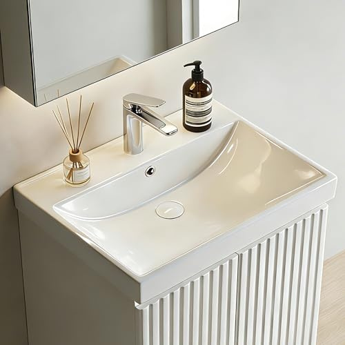 NUESTRA VIDA Einbau Waschbecken Keramik 61x46x16,5 cm Weiß Eckig, Bad Einbauwaschbecken mit Hahnloch und Überlauf, Waschtisch Einbauwaschtisch Handwaschbecken