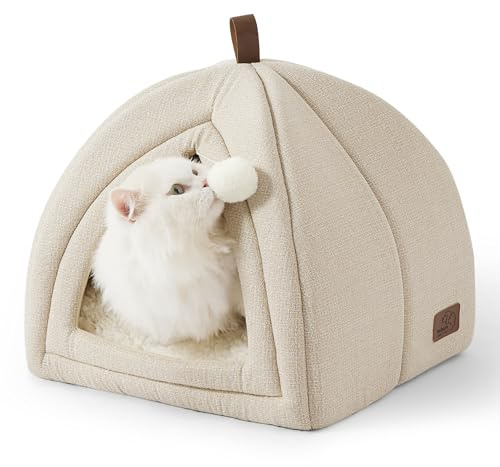 BEDSURE Katzenbett große Katzen Katzenhöhle- 40x40x40 cm Katzenhaus Indoor mit abnehmbarem Sherpa Katzenkissen und hängendem Spielzeug, Katzen Bettchen waschbar, beige