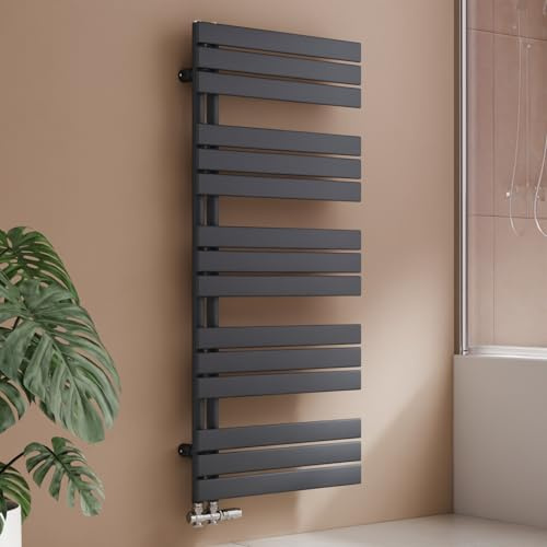 S'AFIELINA Design Badheizkörper Handtuchheizkörper Anthrazit Flach Paneel mit Mittelanschluss 1320x600mm Heizkörper für Bad 838W,Handtuchtrockner für Zentralheizung, Anthrazit (Ohne Thermostatventil)