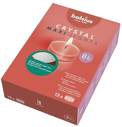 bolsius – Maxi XL Teelichter Clear Cup Transparente Hülle Weiß Brenndauer 8 Stunden - 12 Stück im Karton mit Pflanzliches Wachs, 8h box 12