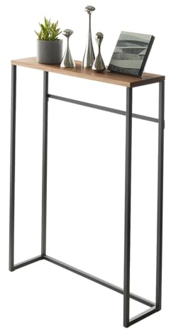 YAMAZAKI Tower Konsolentisch, schwarz | Stahl, Holzablage für Dekorationen und Schlüssel, Inklusive 4 Haken, schmal, 18,5 x 60 x 80,5 cm, Japanisches Design