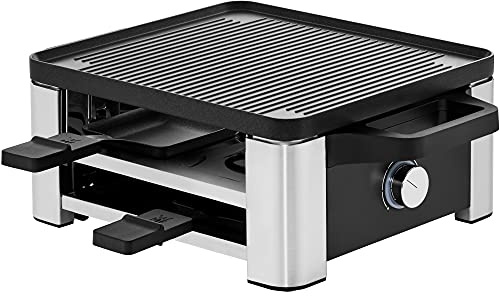 WMF Lono Raclette Grill für 4 Personen – Tischgrill aus Cromargan Edelstahl, 870 W, antihaftbeschichtete Grillplatte und Pfännchen, spülmaschinengeeignet, für gemütliche Abende und Feierlichkeiten
