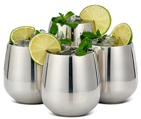 Oak & Steel - 4 Edelstahl Rotweingläser Weingläser Ohne Stiel, 4 Metallstrohhalmen & 2 Reinigungsbürsten, 350ml - Robust & Unzerbrechlich - Weihnachten Geschenkset