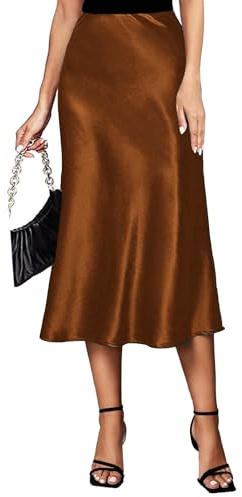 Koerye Damen Satin Rock Midi Länge Rock A Linie Skirt Elegant Seidiger Midirock Braun,M