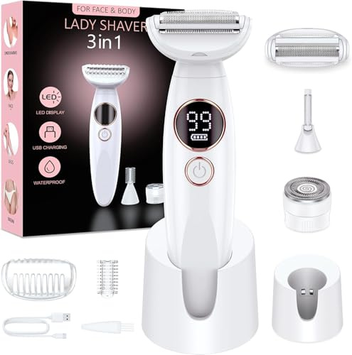 Rasierer Damen Intimbereich, Intimrasierer für Frauen & 3-in-1 Elektrischer Damenrasierer, IPX7 Wasserdicht mit LED Display für Gesicht, Beine, Achseln, Damenrasierer, Ladyshaver, USB-C Ladestation
