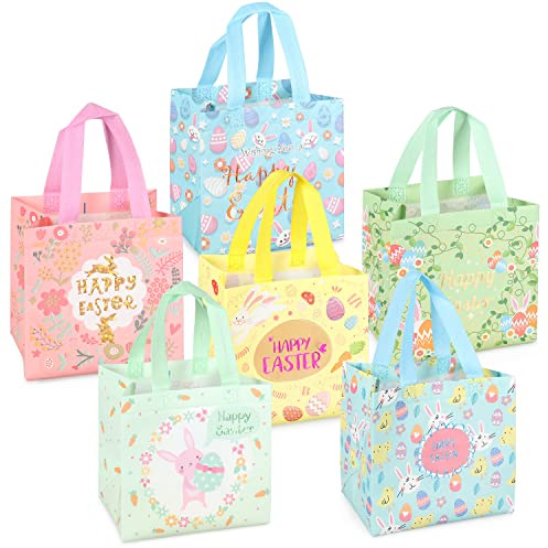6 x Ostereiersuche-Taschen mit Griffen, Häschen Karotten Küken Ei Taschen, Oster Leckerei Taschen, multifunktionale Non-Woven Ostertaschen zum Verpacken von Geschenken, Eiersuche, Partyzubehör